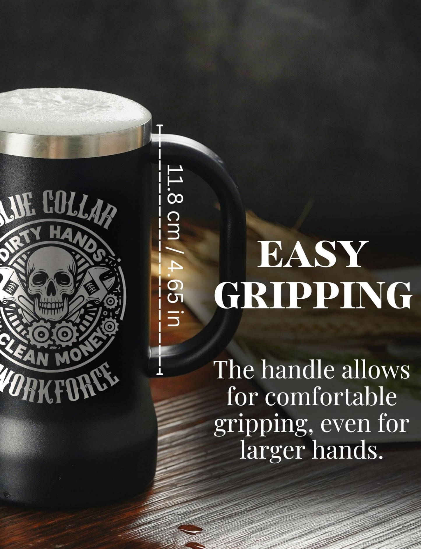 Onebttl Blue Collar Gifts for Men, Boyfriend, Stainless Steel Beer Stein Tumbler, 24oz Beer Mug with Lid for Mechanic, Welder, Construction Worker