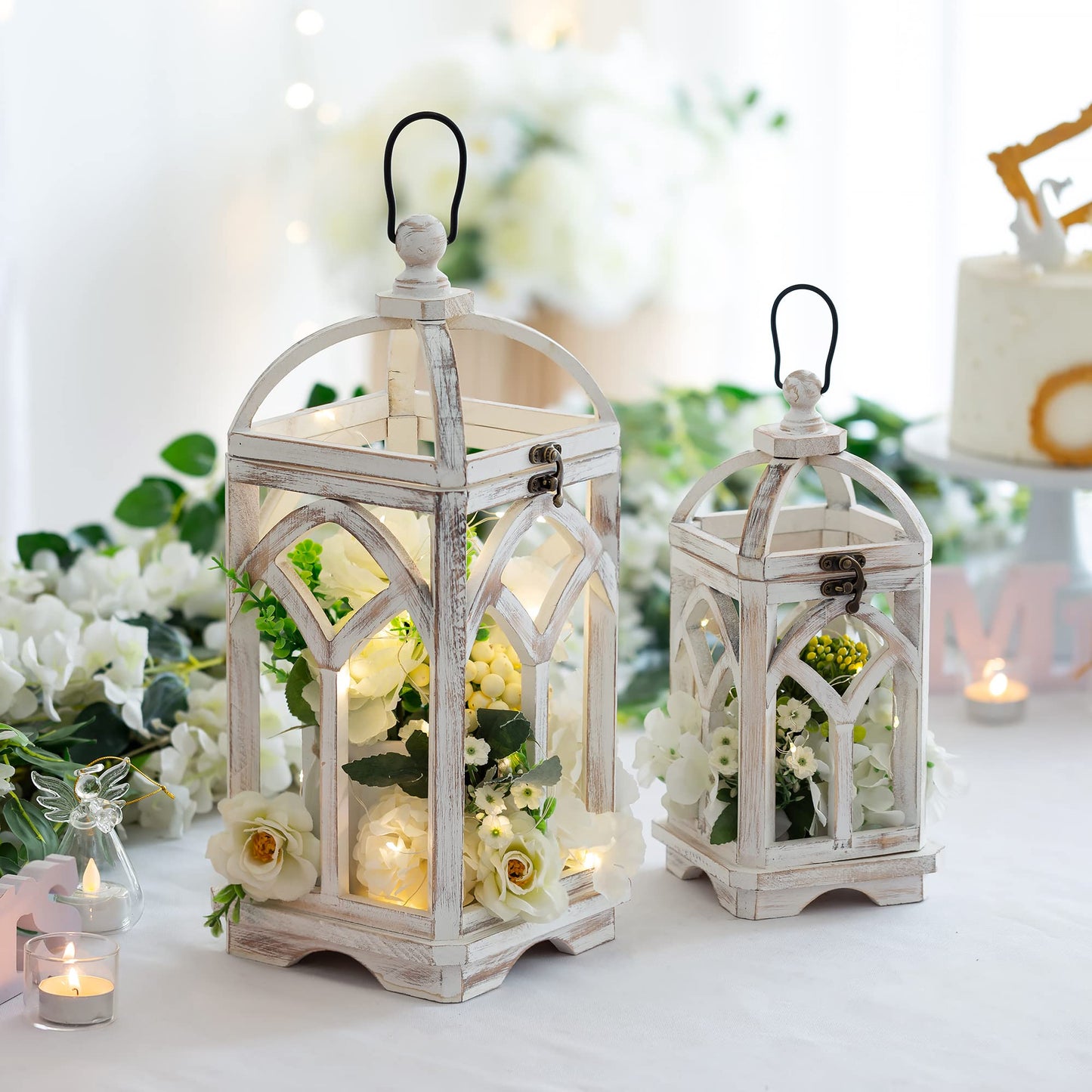 Romadedi Decorative Candle Lantern Wood - Rustic Wooden Lantern for Farmhouse Home Living Room Shelf Patio Table Decoration Christmas Holloween Wedding Party Table Centerpiece, Washedwhite