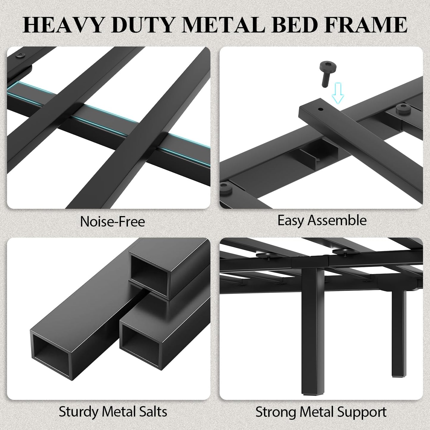 LOEWAY King Size Platform Bed with 2-Tier Storage Headboard, Metal Bed Frame with Charging Station & LED Light, Heavy Duty Metal Slats, No Box Spring Need, Noise Free, Grey