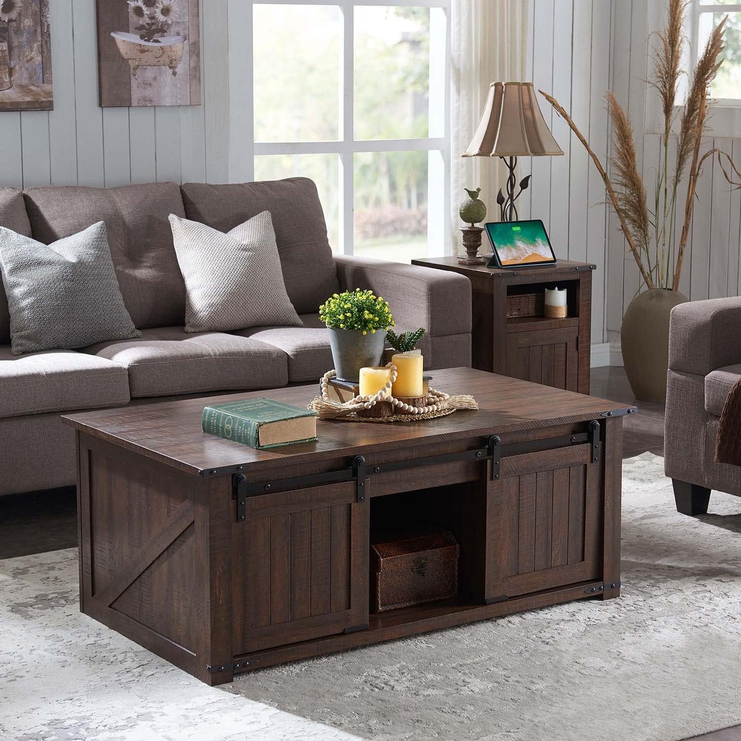 IFGET 48" Lift Top Coffee Table, Farmhouse Cocktai with Sliding Groove Barn Door, Rustic Wood Center Table w/Double Storage Spaces for Living Room, Brown