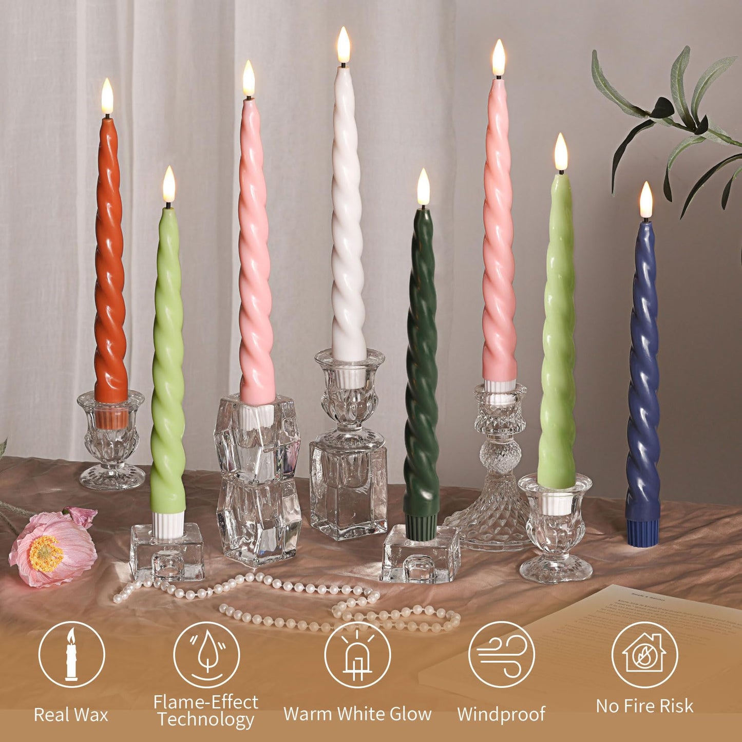 Girimax Spiral Flameless Taper Candles with Remote, Navy Blue Candles Battery Operated, Flickering LED Wax Candlesticks Set of 6