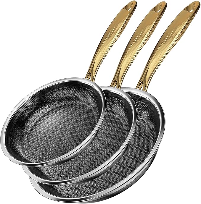 FogDream 3 Pcs Non Stick Frying Pans without Lids, 8, 10 & 12 Inch Stainless Steel Skillets, Tri-Ply Stainless Steel for All Cooktops, Dishwasher & Oven-Safe Cooking Pan, Stay-Cool Handle, Gold