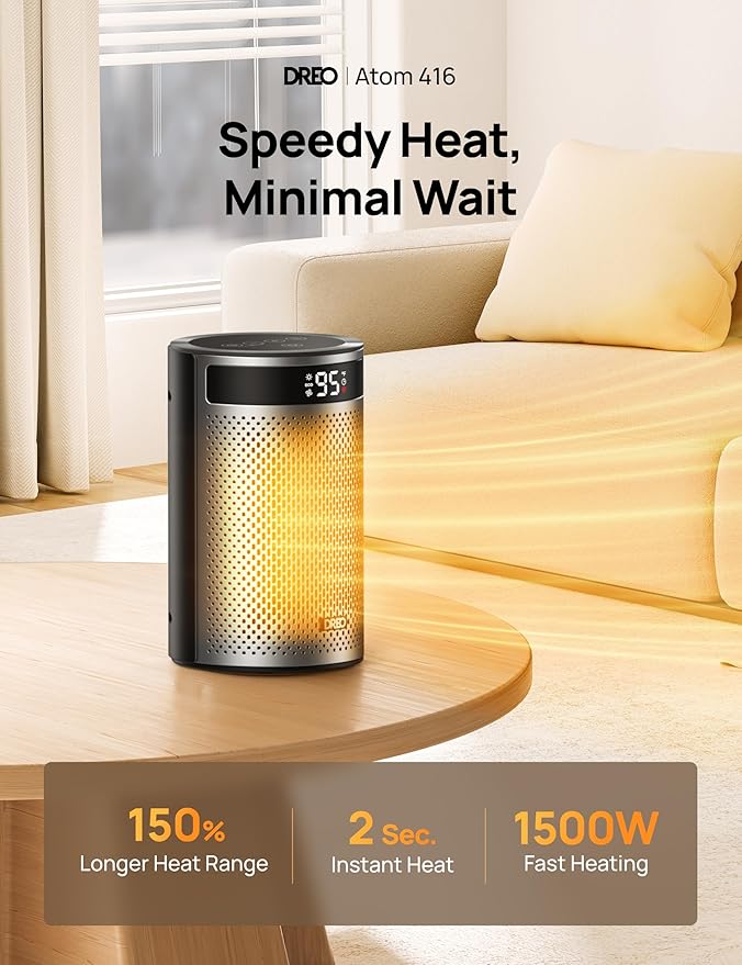 DREO Space Heaters for Indoor Use, Portable Heater with Thermostat, 1-12H Timer, Remote, Eco Mode, 1500W PTC Ceramic Fast Safety Heater for Office Bedroom
