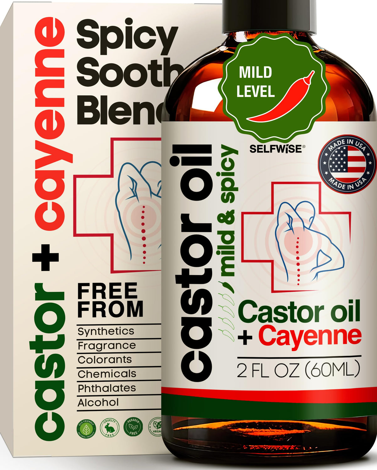 SELFWISE Organic Castor Cayenne Muscle & Body Oil - Mild & Spicy - Lightweight Fast Absorbing Oil for Skin, Body, Belly, Muscles