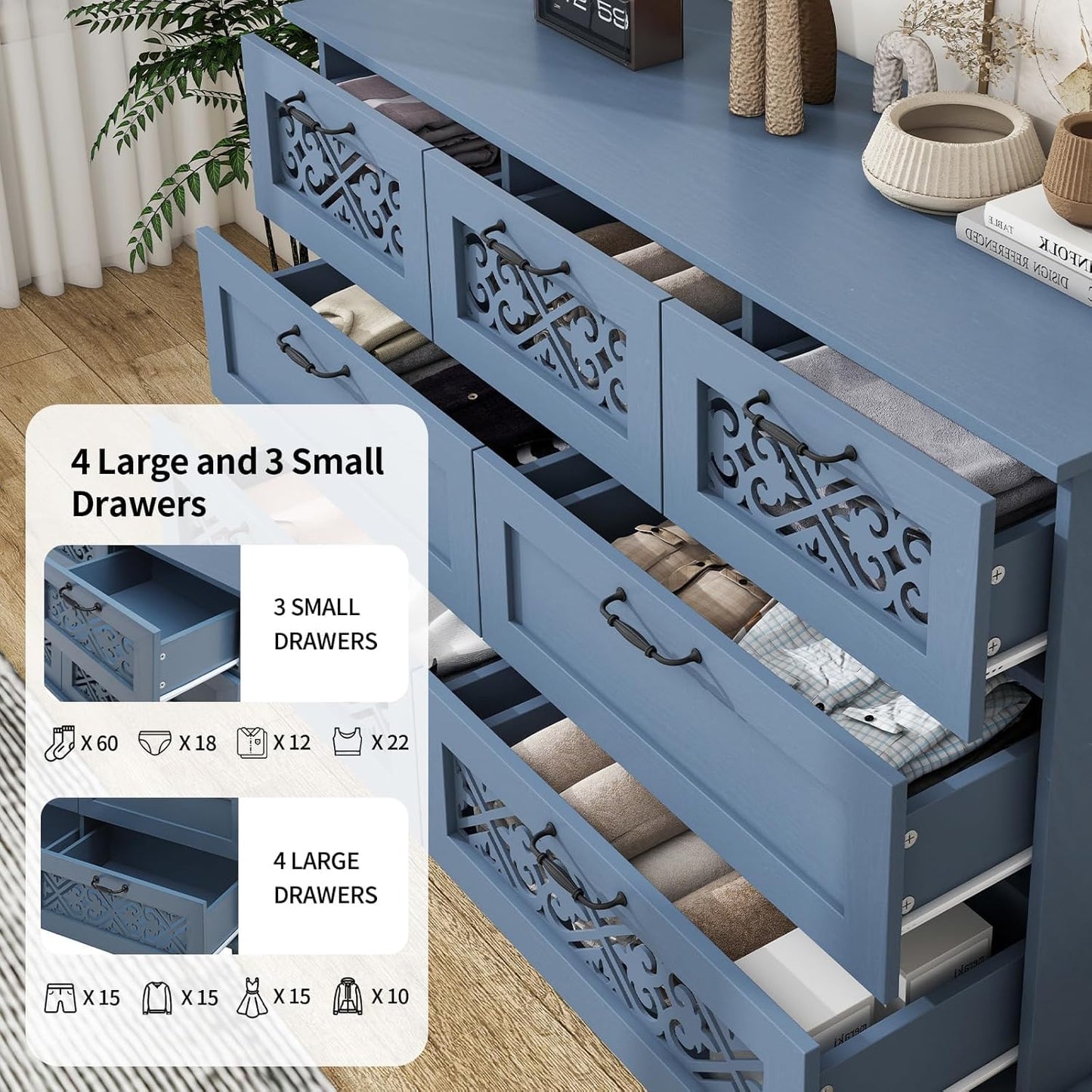 YHFEXYT 47” Wide Dresser for Bedroom with 7 Drawers,American Chest of Drawers with Bar Metal Handle,Wood Drawer Organizer,TV Stand with Large Drawers Muted Blue