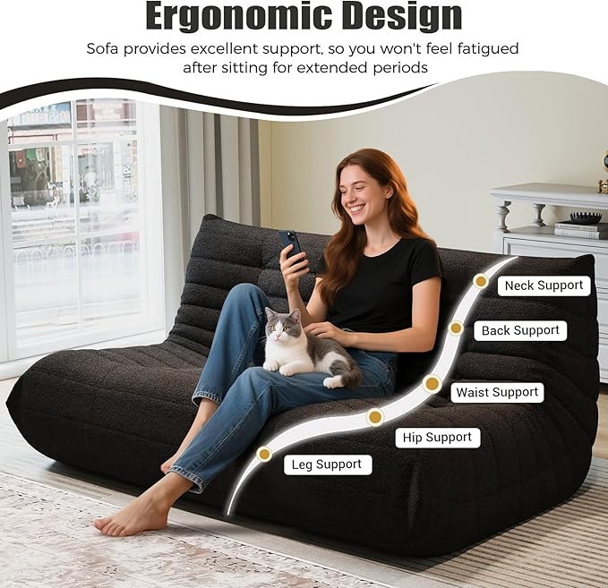 Selyteramy Bean Bag Chairs for Adults, Giant Bean Bag Chair Sofa with Memory Foam, Black, 3 Seat