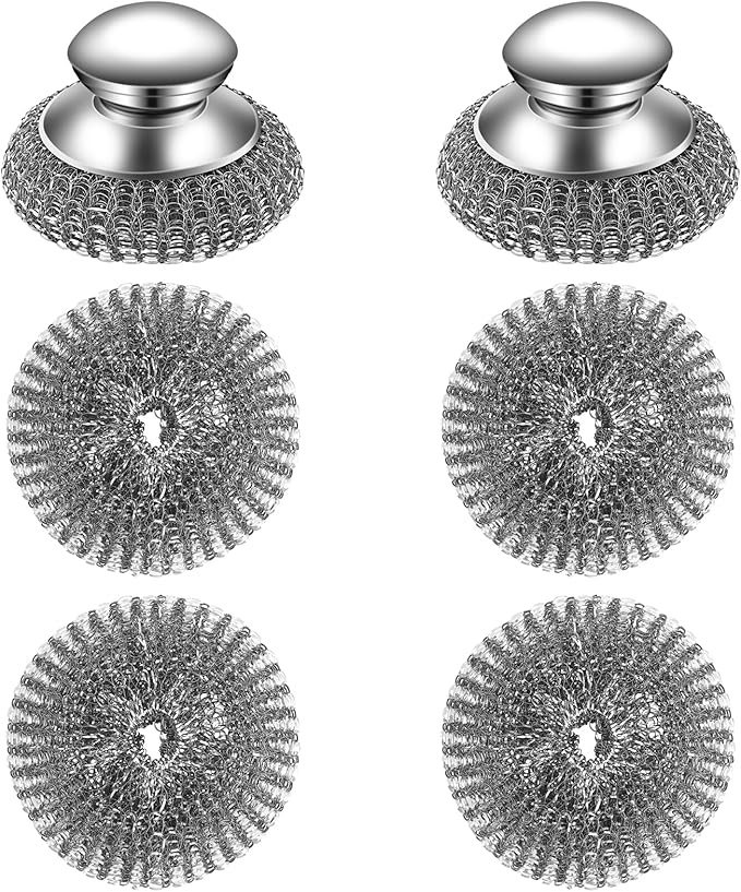 Stainless Steel Wool Scrubber Set, 2 Handles with 4 Replacement Pads, for Pots Pans Grills