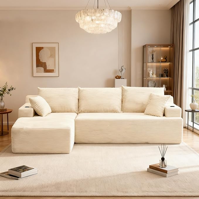 105" Cloud Sectional Couch with L-Shape Chaise, Modular Sectional Sofa with Deep Seat & 2 Cup Holders, Modern Corduroy Boneless Couches for Living Room, No Assembly Required, Left Facing Chaise, White | Pet Friendly, Flexible Layout