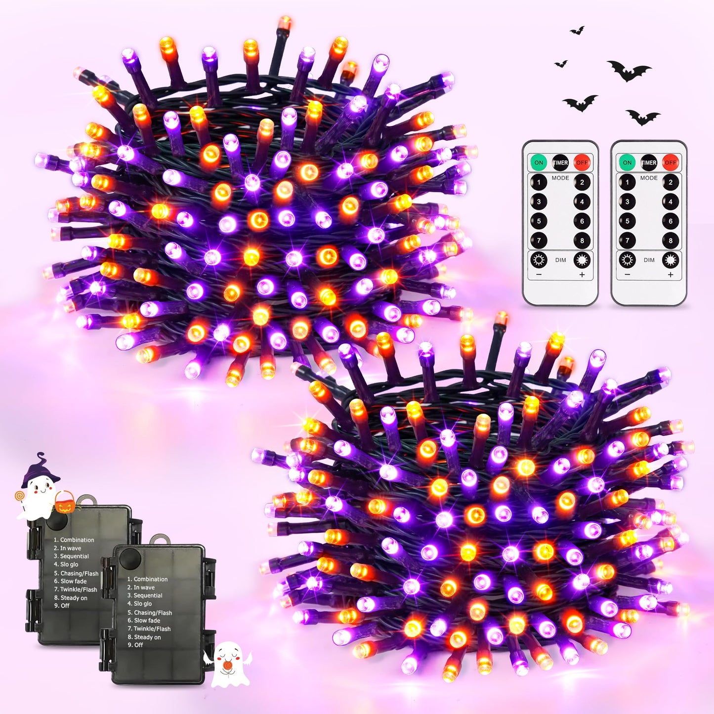 JMEXSUSS Orange and Purple Halloween Lights Battery Operated, Each 33 FT Indoor Halloween Lights Outdoor Waterproof, 2 Pack 100 LED Christmas Light for Christmas Tree Decor