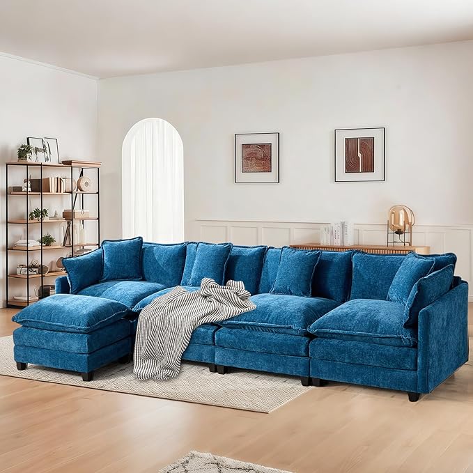 SoarFlash 149.61" Chenille Sectional Sofa, Comfy L Shaped Modular Coush Sofa with Ottoman, Modern 4 Seat Couch Deep Seat Sofa Set for Living Room,Blue