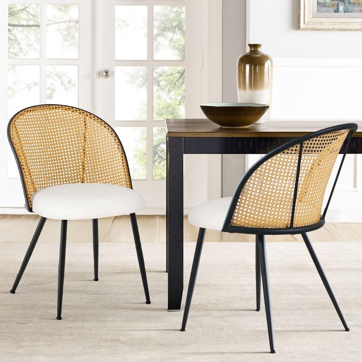 Bekrvio Dining Chairs Set of 4, Mid Century Modern Dining Room Chairs with Full Rattan Back, Faux Leather Kitchen Dining Chairs Farmhouse Armless Mesh Cane Back Side Chairs with Metal Legs, White