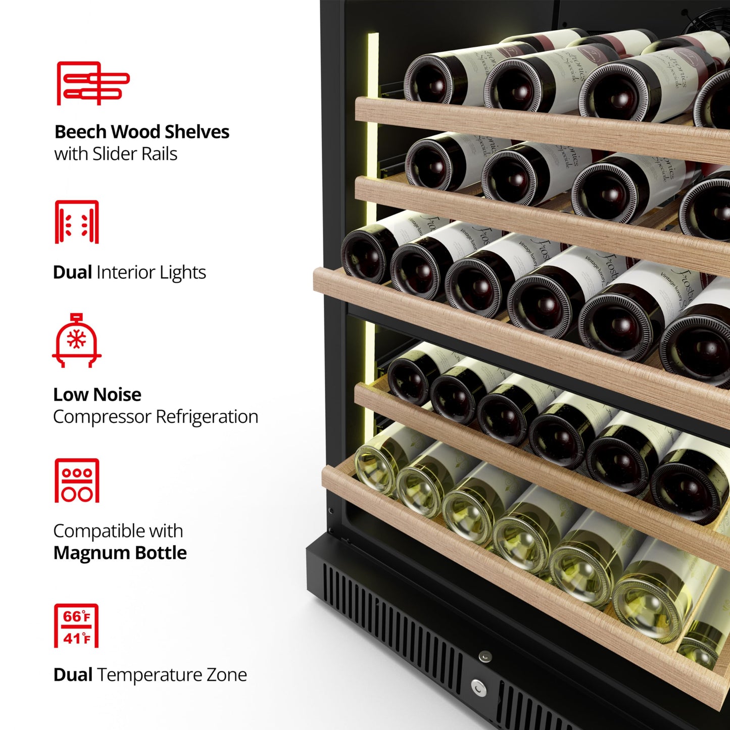 Frostronics 24 Inch Dual Zone Wine Refrigerator, 51 Bottles Under Counter Built-In or Freestanding Wine Cellar, Wine Cooler with Quiet Compressor Cooling and Reversible Glass Door, Fits Large Bottle