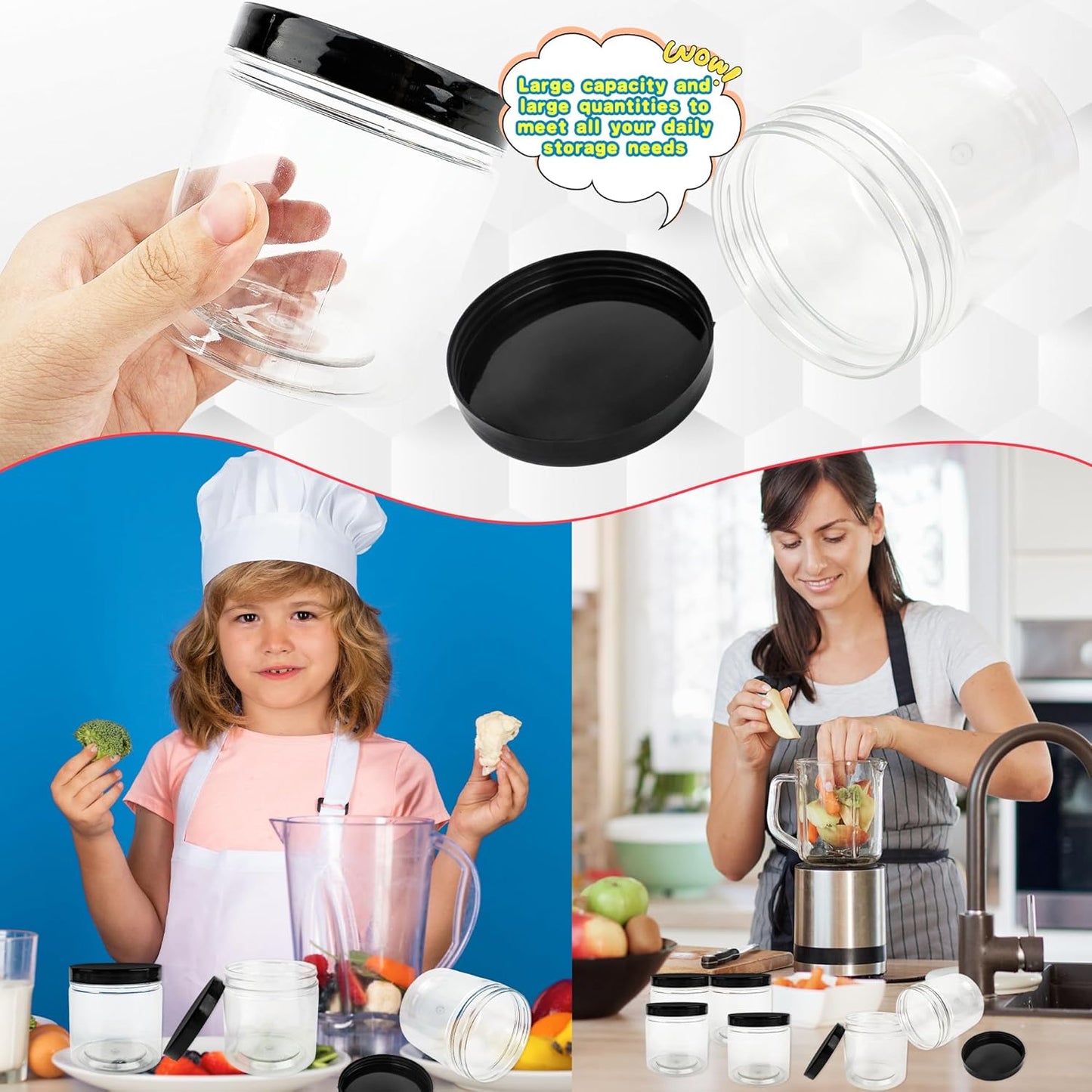 30 Pack 12oz Clear Plastic Jars with Black Lids Plastic Empty Storage Containers Refillable Round Clear Cosmetics Containers Clear Jars for Candy Kitchen Food Storage DIY Crafts Making