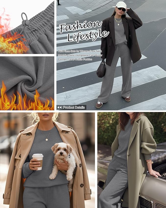Sweetyweee Women's 2 Piece Outfits Set Fleece Lined Lounge Sweatsuit Crewneck Pullover Top Wide Leg Pants Casual Tracksuit