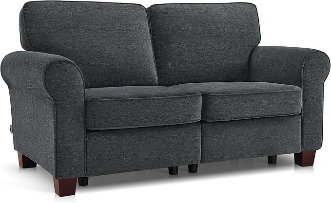 MCombo 67.7" Loveseat Sofa, 2-Seater Small Couch for Small Spaces, Classic Rolled Arm Upholstered Sofa with Solid Wood Legs for Living Room, Removable Cover, Chenille Fabric VE730 (Dark Grey)