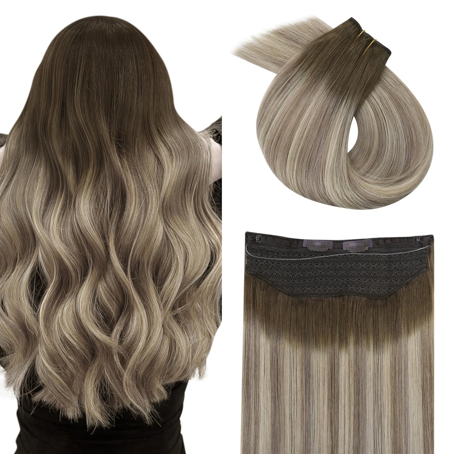 Easyouth Human Hair Wire Extensions 16" 80g Remy Balayage Dark Brown to Ash Brown Highlights Honey Blonde