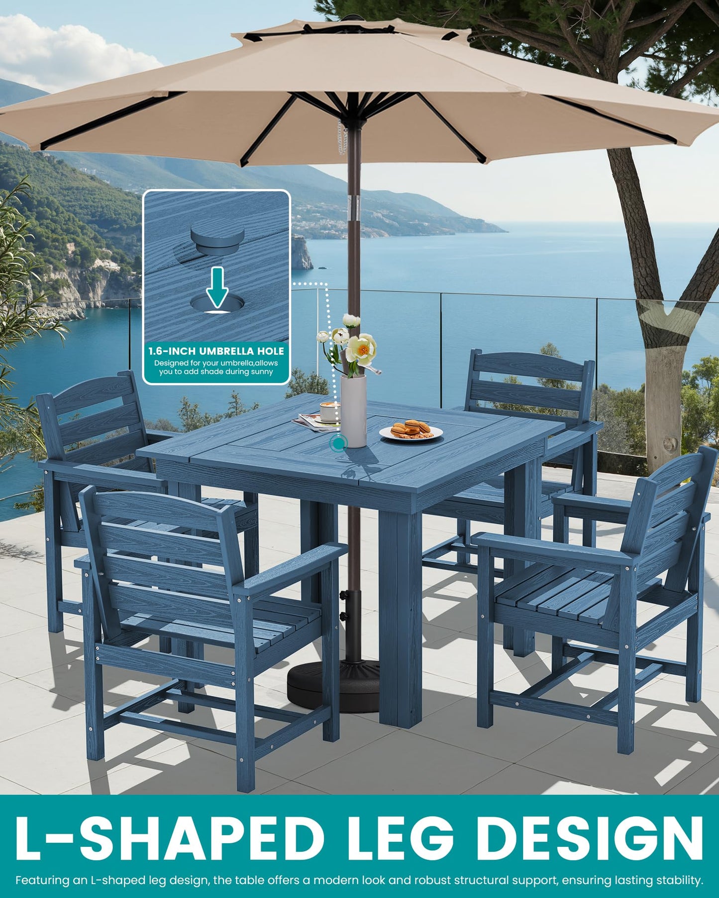 SERWALL Outdoor Dining Set for 4, HDPE Square Table and Chairs Set All Weather Patio Dining Set with 4 Classic Dining Chairs, 5-Piece Patio Dining Furniture for Deck, Blue