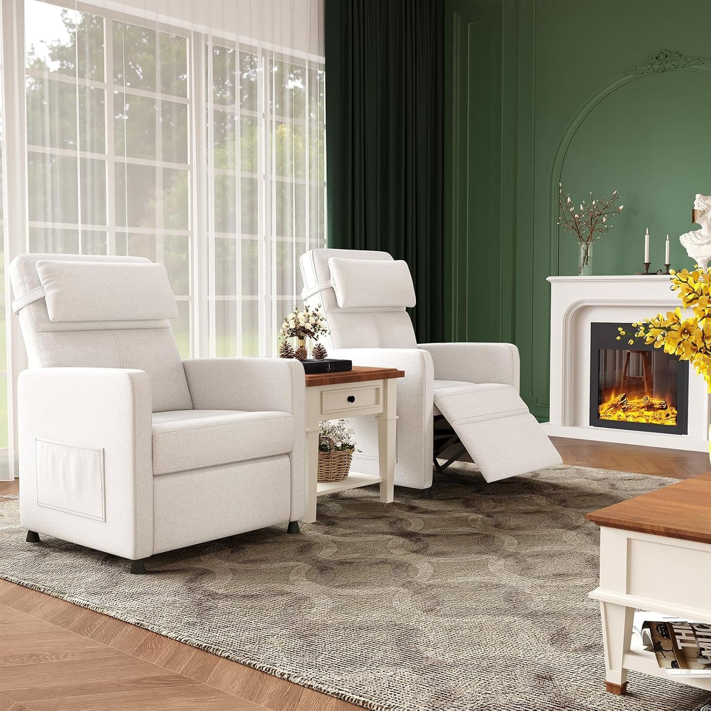 ExploreHorizon Power Recliner Chair with Electric Adjustable Back USB Port & Side Pockets, Single Overstuffed Recliner Chair for Living Room, Bedroom, or Home Theater, Beige White