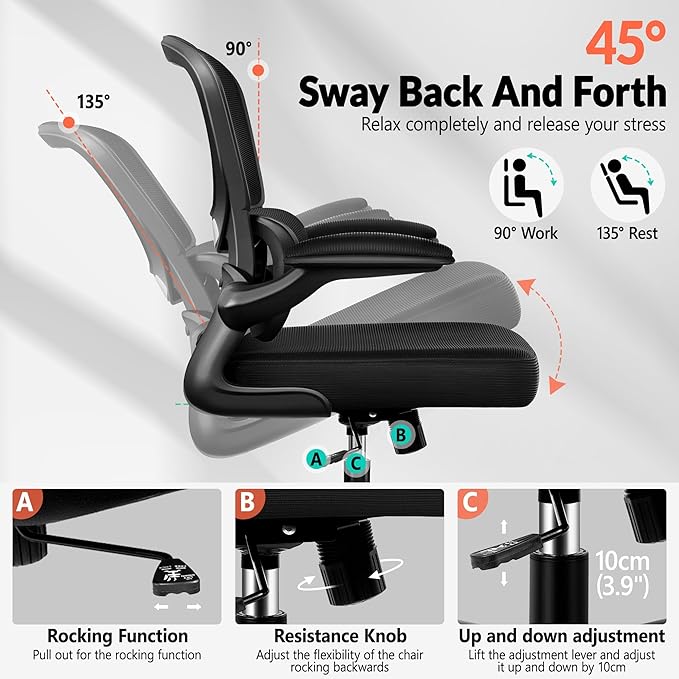 BESTFAIR Office Chair Ergonomic Desk Chair, Breathable Mesh Comfy Chair with Lumbar Support, Computer Chair, Home Desk Chair with Flip-up Armrests, Gaming Chair for Adults Home Office (Black,2Pack)