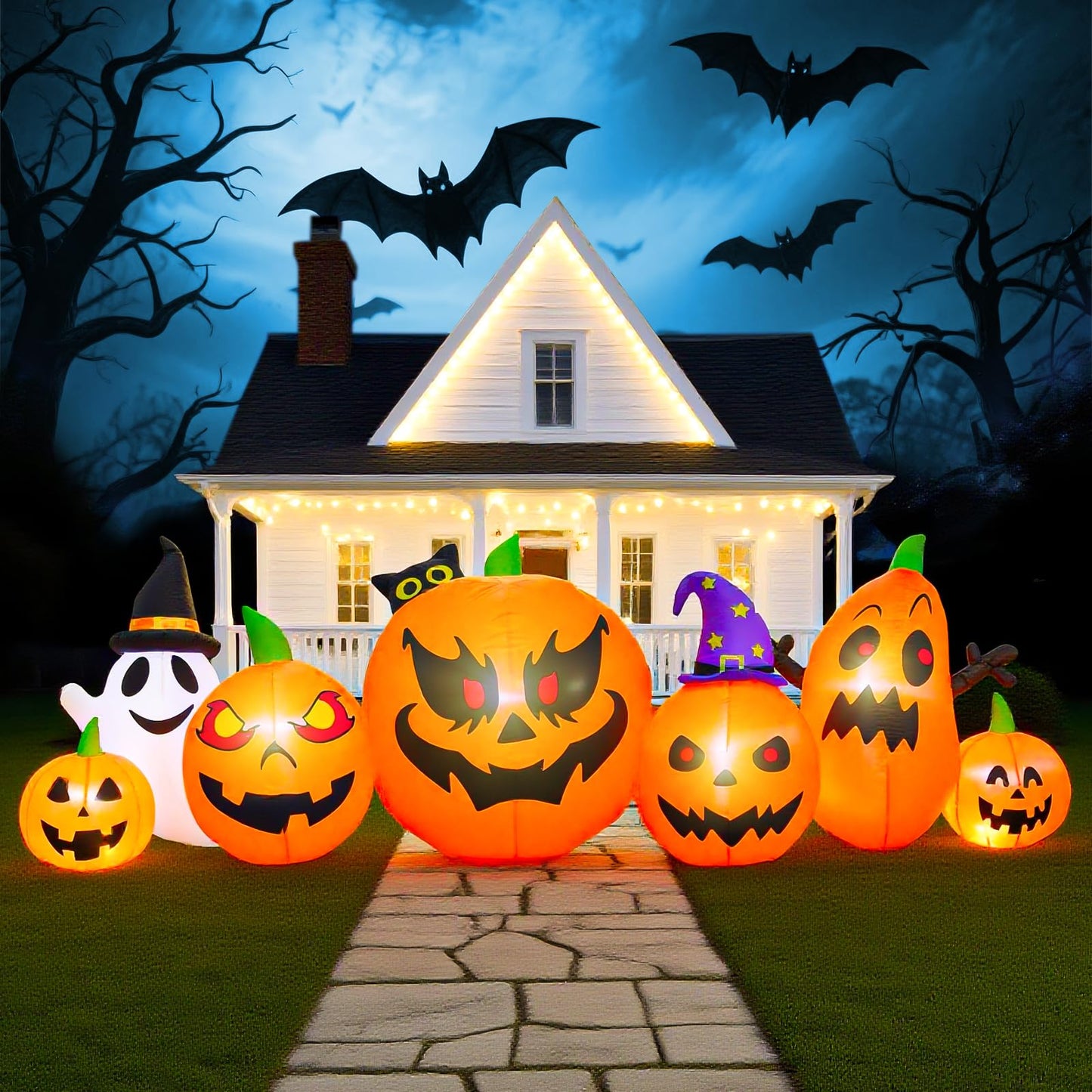 HUECLOR 9 FT Halloween Inflatables Pumpkin Outdoor Decorations with Cute Chost Cat and Witch Hat Built-in LEDs Blow Up Pumpkin for Party Yard Lawn Garden Outside Decor