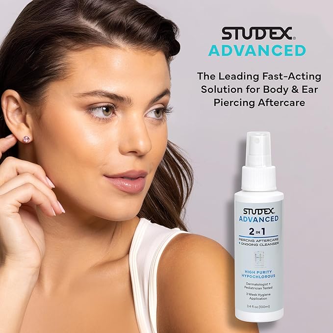 Studex Advanced 2-in-1 Piercing Aftercare & Cleanser – Hypochlorous Spray for Body and Ear Piercing, Hypoallergenic Formula for Sensitive Skin (Pack of 2)