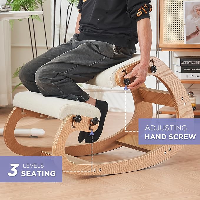 MoomJiee Ergonomic Kneeling Chair, Adjustable Rocking Knee Chairs for Home Office, Wooden Office Knee Chair for Back Pain Relief, Beige