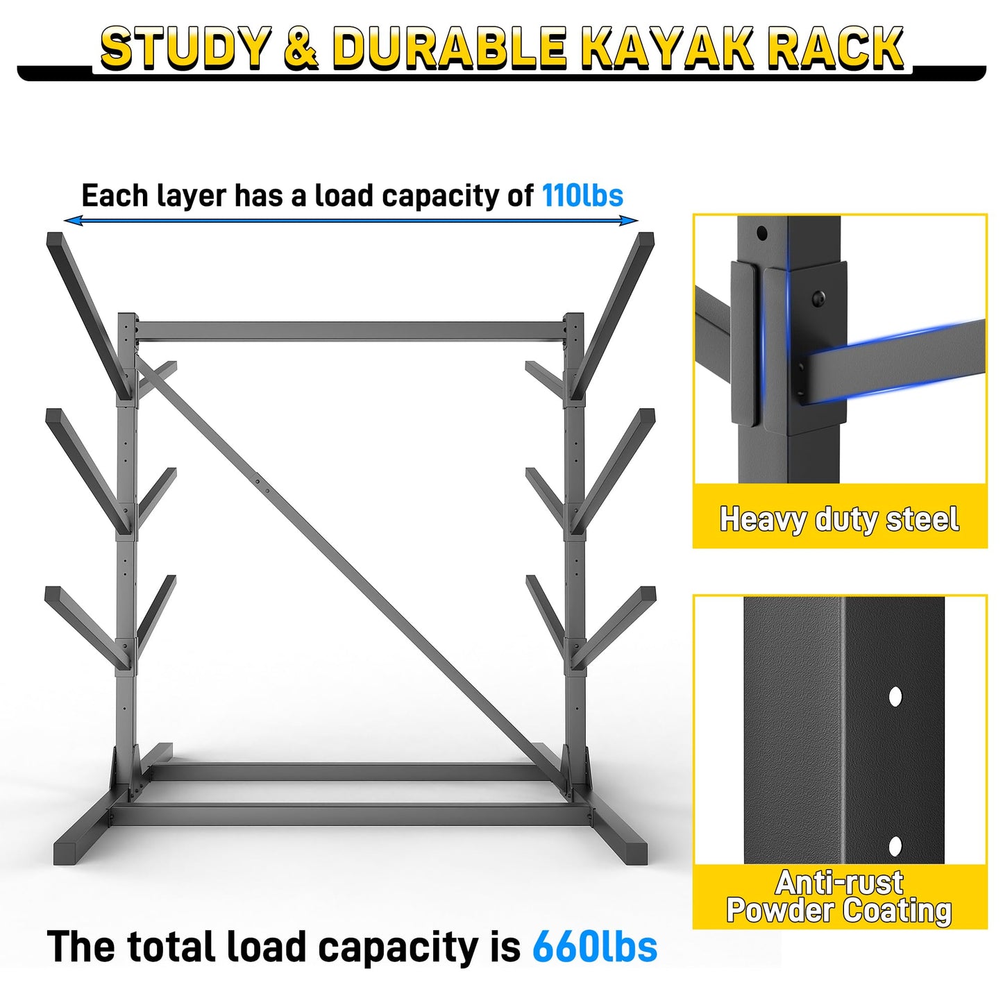 Ultrawall Kayak Storage Rack, Freestanding Kayak Racks For Garage, Adjustable Kayak Stand, Heavy Duty Paddle Board Rack For Kayak, Canoe, Surfboard, 660lbs Capacity, 3 Levels for 6 Kayaks
