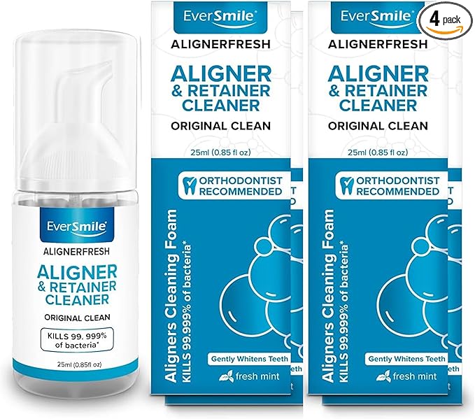 EverSmile AlignerFresh Original Clean Foam – Cleaner Compatible w/Invisalign and All Clear Aligners & Retainers – Eliminates Bacteria, Whitens Teeth, Fights Bad Breath – 25ml (4 Pack)