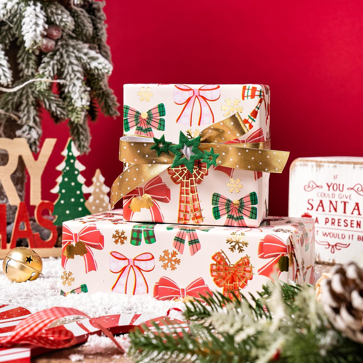 WRAPAHOLIC 30 Inch Jumbo Bow Christmas Wrapping Paper - Mini Roll - 17 Inch x 16.5 Feet - Gold Foil Snoflakes and Plaid Bow Wrapping Paper for Girl Boy Kids, Christmas, Holiday