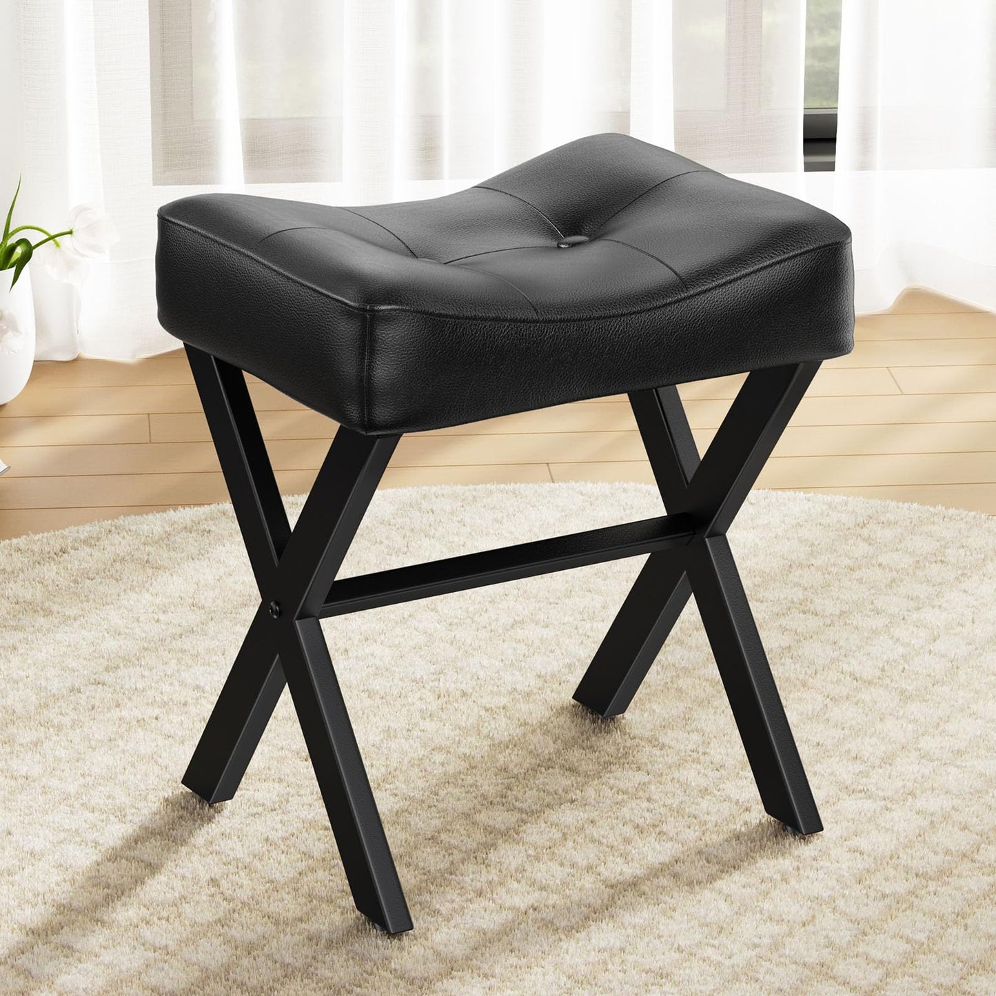 Memobarco 18-Inch Leather Vanity Stool Chair, Vanity Bench with Metal X-Leg, Ottoman Foot Stool with Thick Padded Saddle Seat, Black