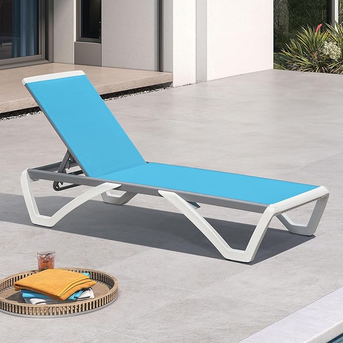 PURPLE LEAF Patio Chaise Lounge Chair Outside Aluminum Plastic Stackable Tanning Chairs for Pool Sunbathing Beach Deck Outdoor Lounger, Turquoise Blue