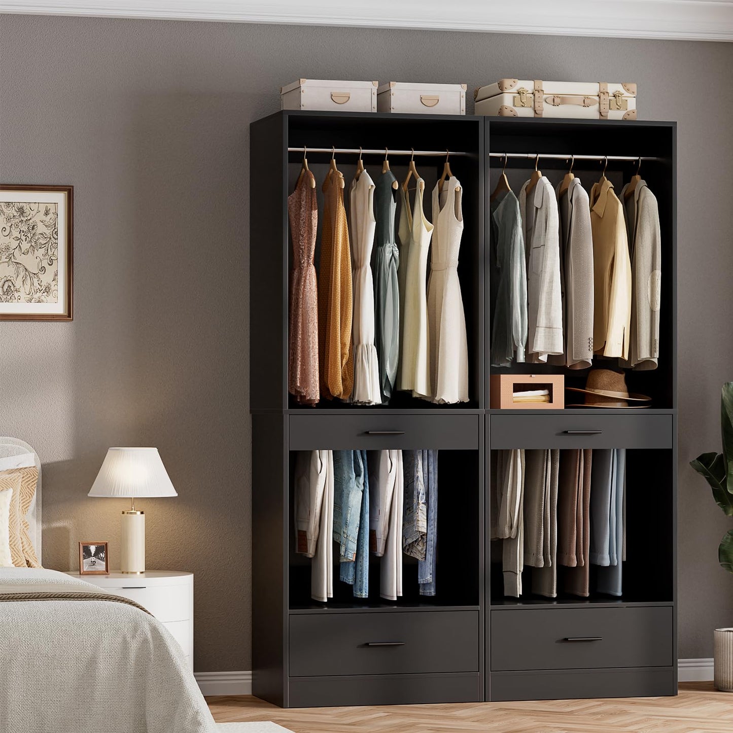 Homieasy Closet System Organizer with Hanging area, Pants Rack & Drawer – Expandable & Sturdy Modular Closet Storage Unit, Customizable Wardrobe Organizer for Bedroom or Walk-In Closet, Black