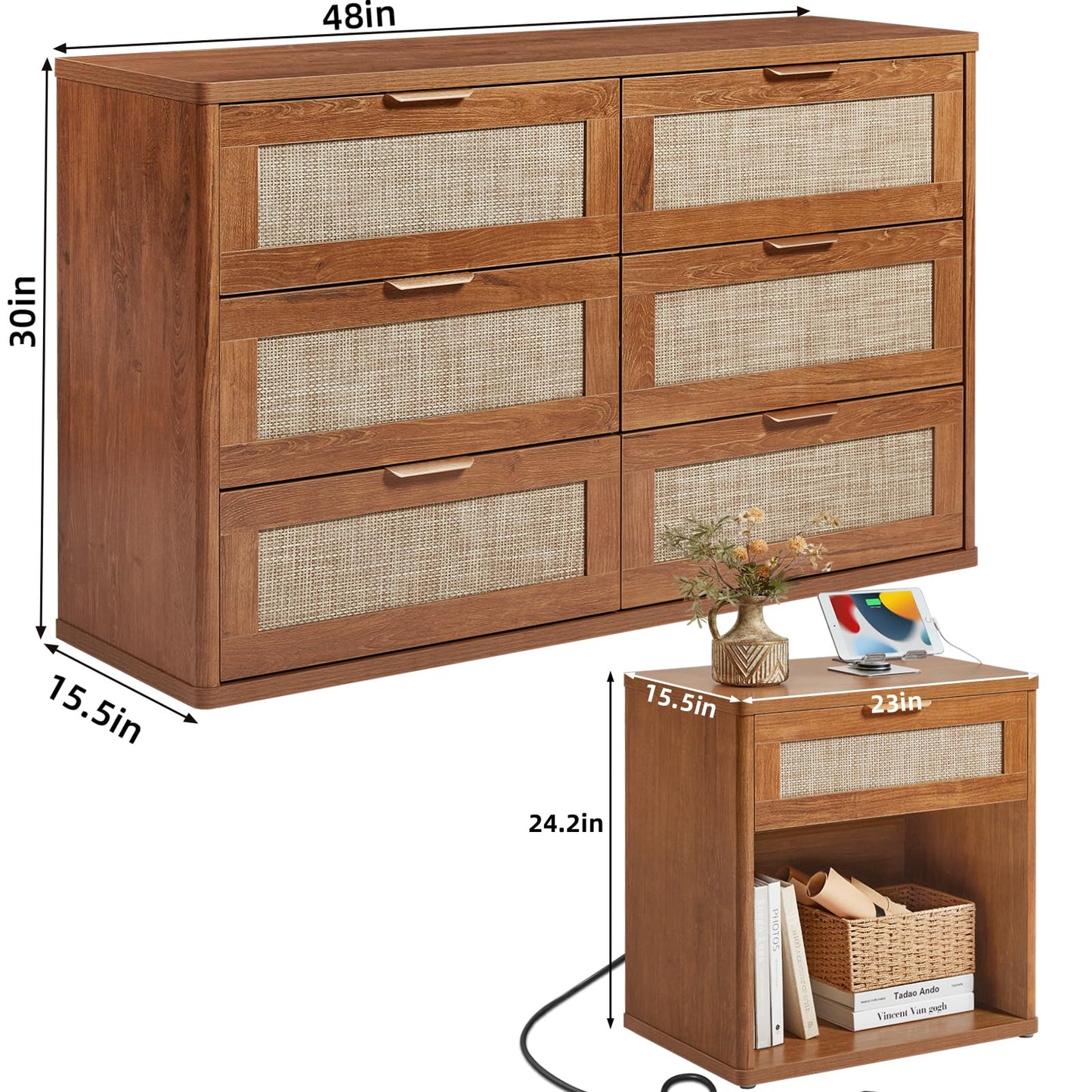 LEYAOYAO Rattan Dresser and Nightstand Set of 2, Boho Wood Dresser for Bedroom with 6 Drawers and Night Stand with Charging Station, Bedroom Furniture, Dressers & Chests of Drawers,Living Room,Hallway