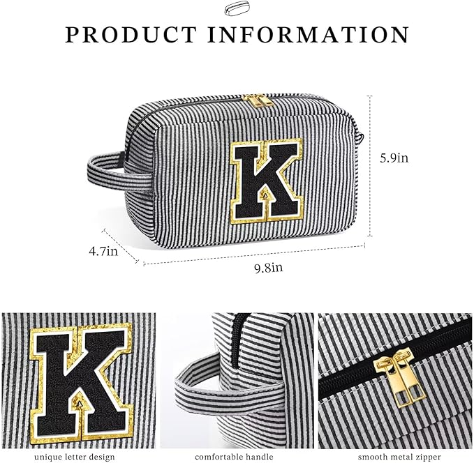YOOLIFE Monogram Initial Makeup Bags - Personalized Black Cosmetic Case for Women & Teens