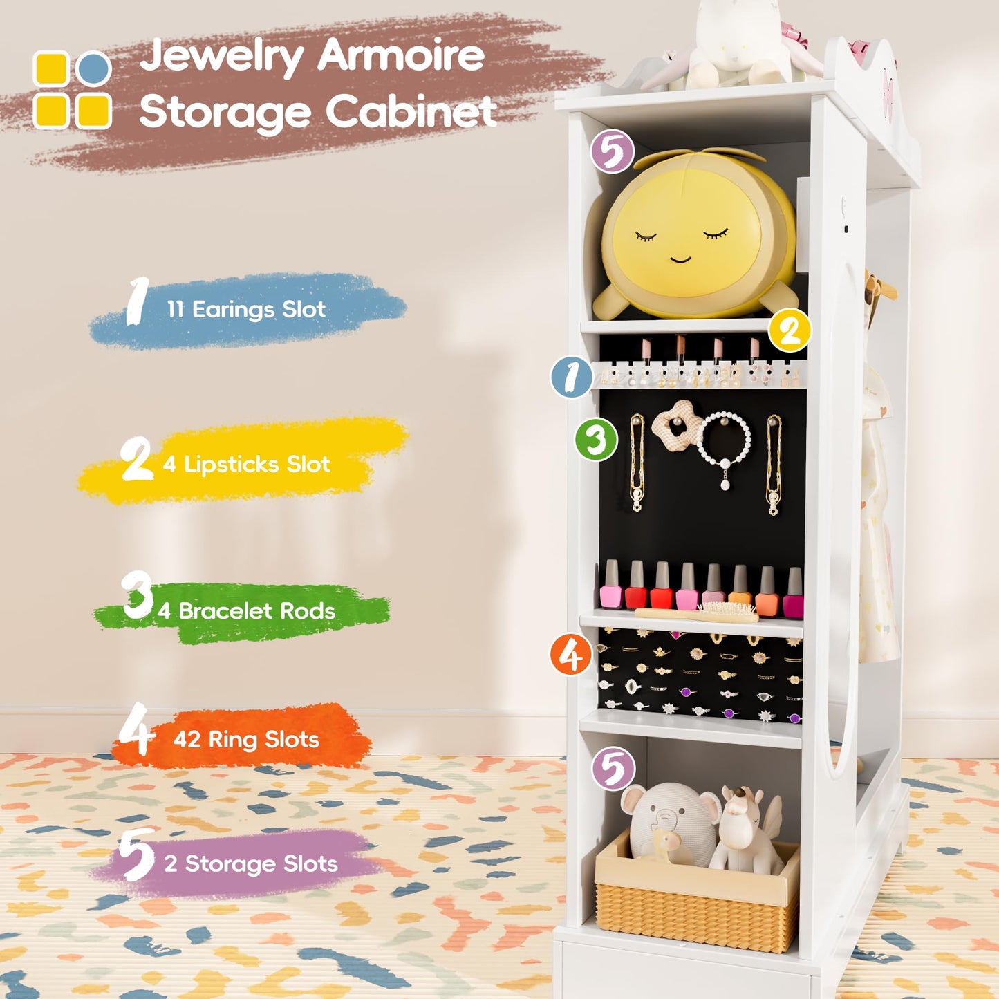 Callales Kids Armoire with Jewelry Cabinet, Kids Dress Up Storage with Shelves, Girls Wardrode Costume Organizer with Full Length Mirror, Children Closet with Armoire for Bedroom, Kids Room, Girls