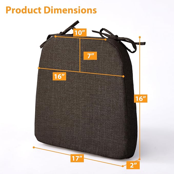 Ruqmuis Chair Cushions for Dining Chairs, 2" Thick Seat Cushions for Kitchen Chairs, D-Shaped Chair Pads with Washable Cover, Ties and Non Slip Backing, 17'' x 16'', Set of 4, Brown