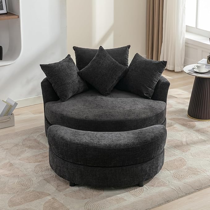 Yoglad Oversized Round Swivel Accent Chair - Modern 360 Degree Barrel Chairs with Storage Ottoman, for Living Room, Bedroom(Chenille- Gray)