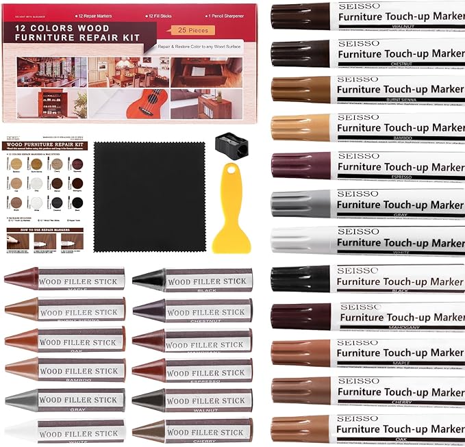 NEW Upgraded Furniture Repair Kit Wood Markers-Set of 24-Markers and Wax Sticks with Sharpener and black cloth Kit, Restore Nail Holes on Wood Furniture, Wood Marker Pens for Scratches, Molding Repair