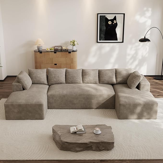 Modular Sectional Sofa, 130" U Shaped Cloud Couch Plush Corduroy Comfy Deep Seat Boneless Sofas with 8 Pillows Double Chaise Lounge Sectional Couches with Memory Foam for Living Room - Light Camel