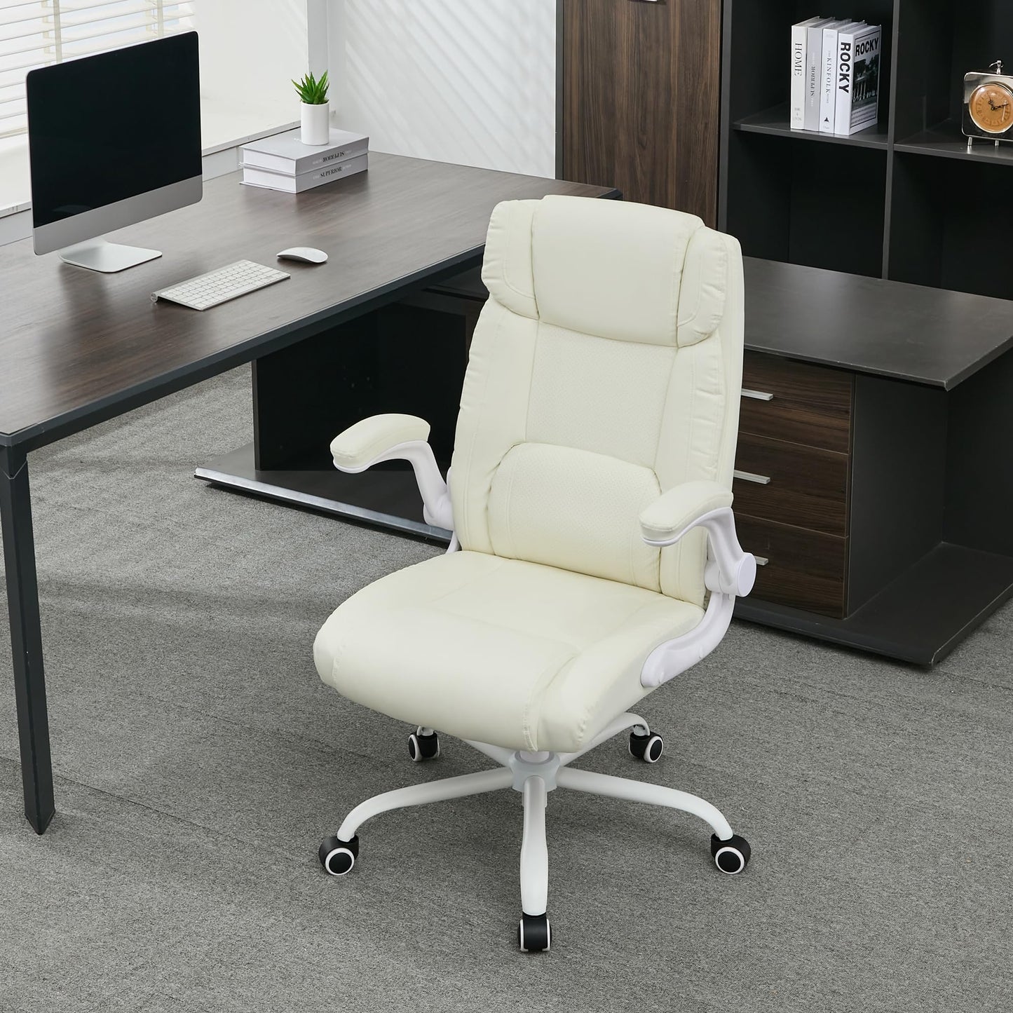 BOWTHY Mid Back Executive Leather Chair,Ergonomic Home Office Chairs,Comfy Computer Desk Chair with Adjustable Flip-Up Arms and Rocking Function (Beige)