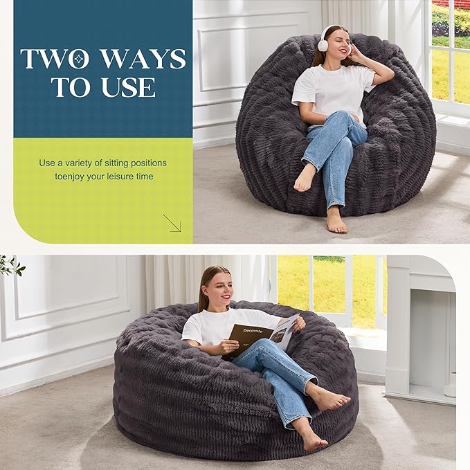 Hobestluk Bean Bag Chairs Beanbag Chair with Filler Adult Bean Bags with Fluffy Ripple Cover, Giant Bean Bag Chairs for Adults (Dark Grey, 4FT - 44" x 44" x 24")