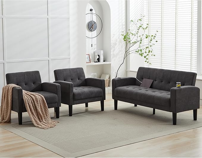 TYBOATLE Sofa Couch, Living Room Furniture Sectional Sofa Sets of 3 Pcs, Tufted Mid-Century Loveseat w/USB, Cupholders & Comfy Single Sofa for Small Space, Apartment, Office (Dark Grey)