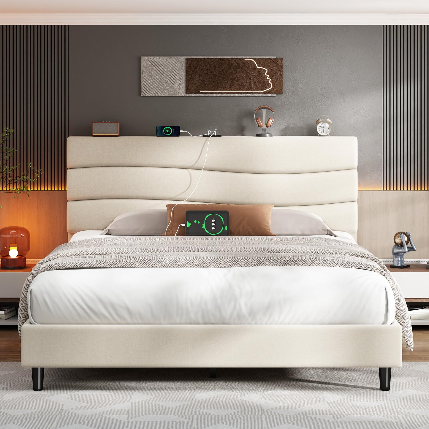 EnHomee Queen Bed Frame with Fabric Upholstered Headboard, Storage Headboard and 3 Charging Stations, Queen Size Bed Frame with Wooden Slats, Noise-Free, No Box Spring Needed, Beige