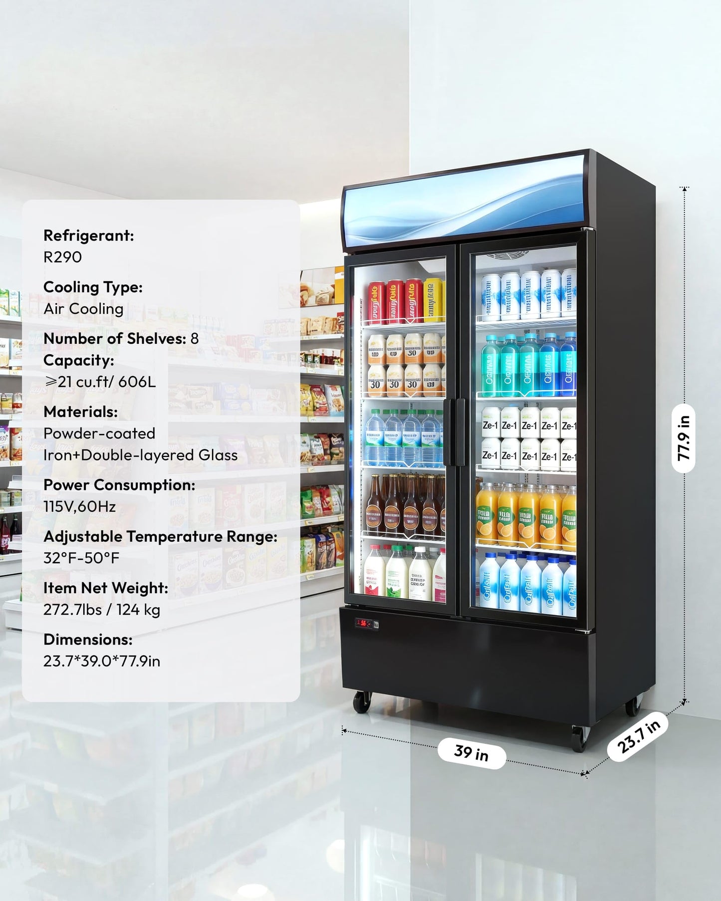 ICEVIVAL 21 cu.ft Commercial Refrigerators, Beverage Fridge with LED Light, 2 Glass Door Drink Merchandiser with 8 Adjustable Shelves, 32-50°F Digital Control ETL Certified Black