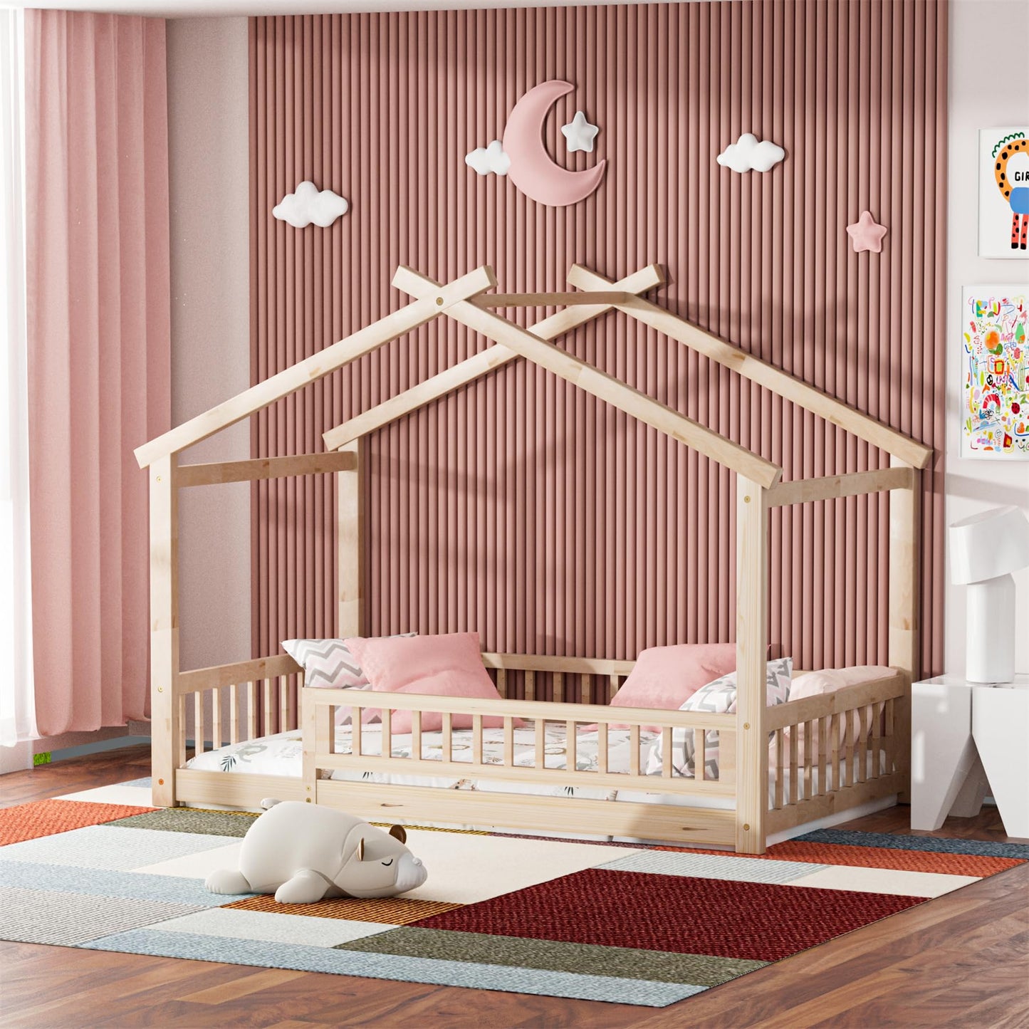 LLS Twin House Bed with Fence, Wooden Montessori Bed with Slats Support, Floor Bed Frame for Boys Girls Bedroom, Natural