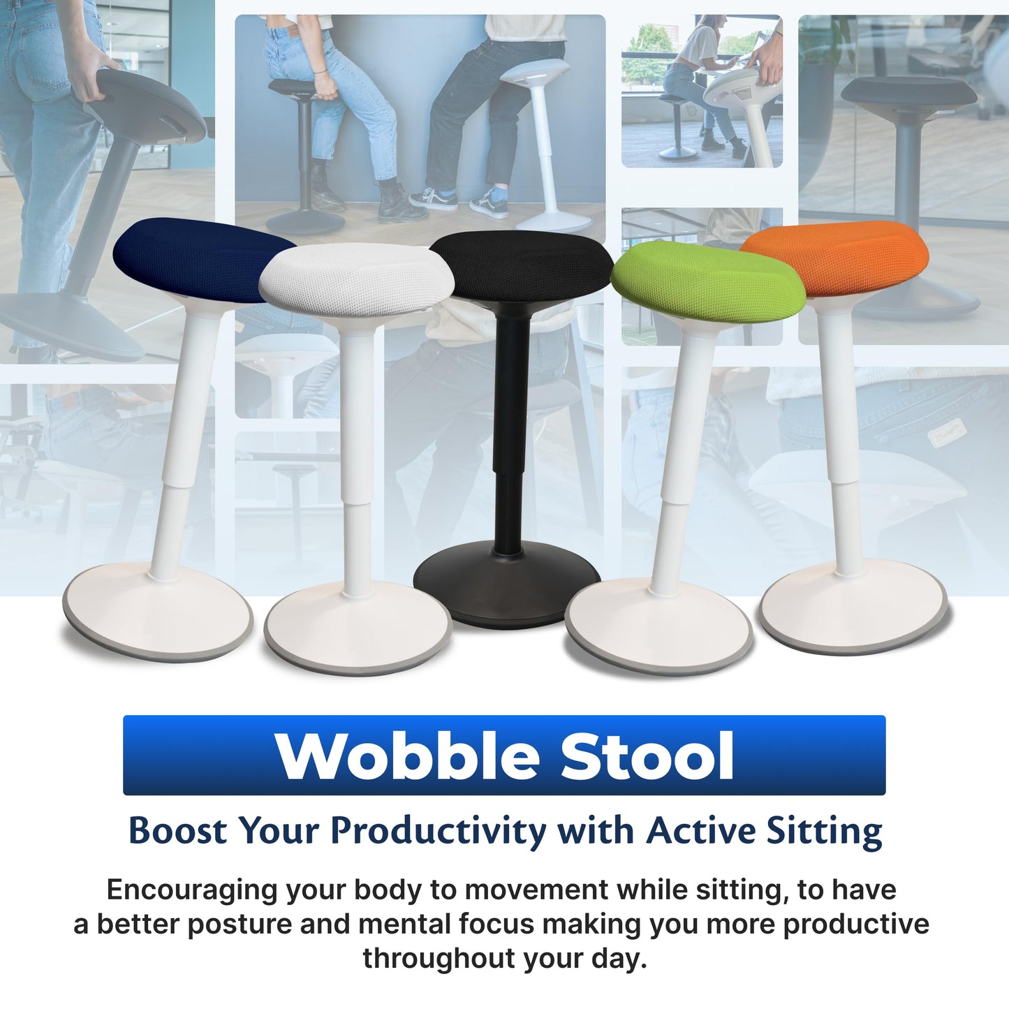 Backerz Standing Desk Stool Chair, Height Adjustable Stool 16-24 inch for Office and Classroom, Swivel seat, Anti-Slip Bottom Ergonomic Wobble Stool with Rocking Motion, Black