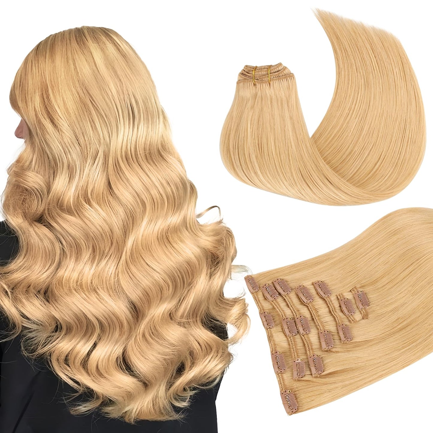 MAXITA Hair Extensions Clip in Human Hair, 7PCS 120g Light Blonde 18 Inch,Clip in Hair Extensions Real Human Hair Extensions Nat