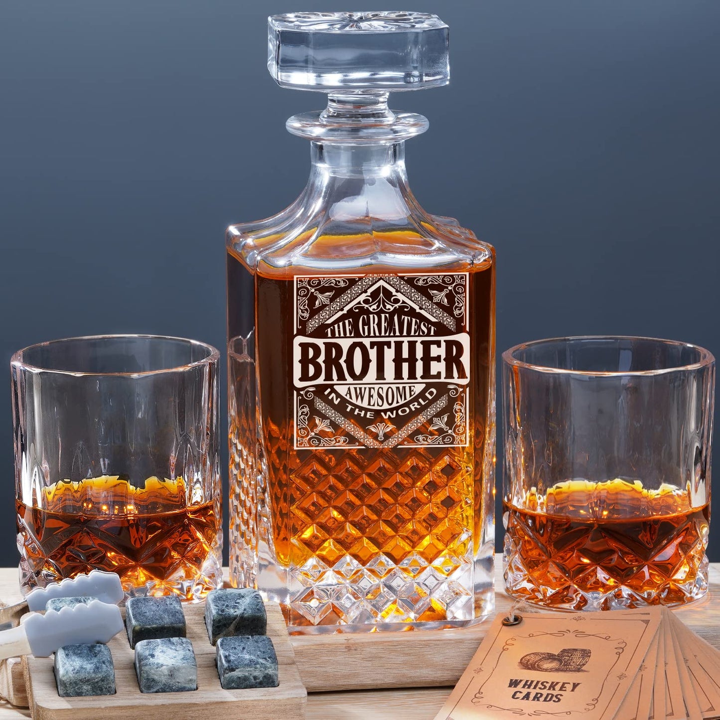PONPUR Gifts for Brother, Whiskey Decanter Set with 2 Whisky Glasses, Unique Cool Stocking Stuffers Birthday Gift for Brothers from Sister, Best Christmas Presents for Men