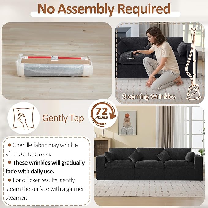 115''Cloud Boneless Sectional Couch, Modular Sectional Sofa Deep Seat, Oversized Upholstered Convertible Comfy 3 Seater Chenille Memory Foam Sofa Couches for Living Room, Dark
