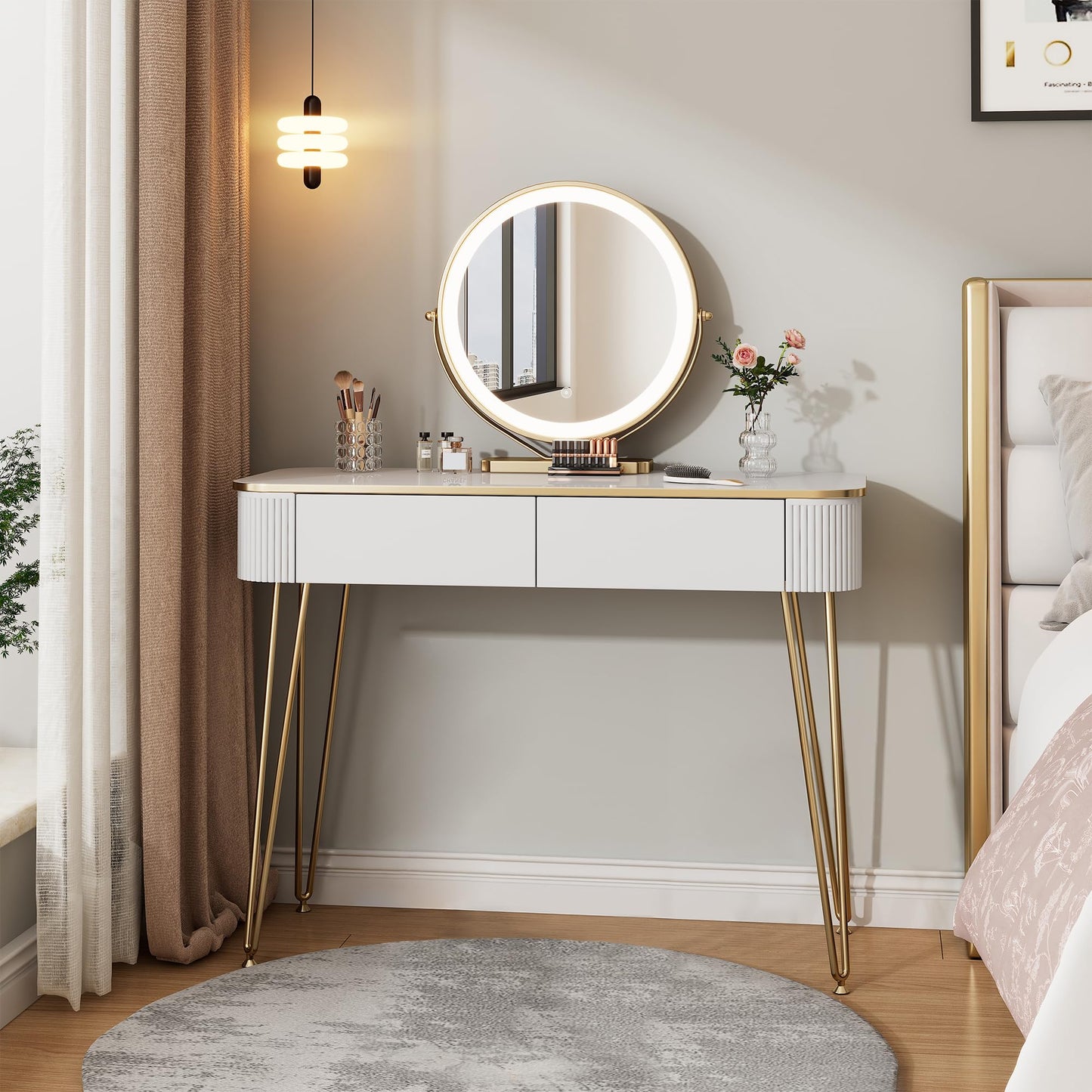 KDCAS Modern Vanity Desk with Mirror and Lights, 39" White and Gold Makeup Vanity Table with 2 Storage Drawers, Stylish Gold Dressing Table for Small Spaces & Bedroom